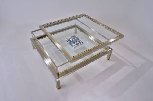 Maison Jansen sliding coffee table, large, brass & steel, 1970s French